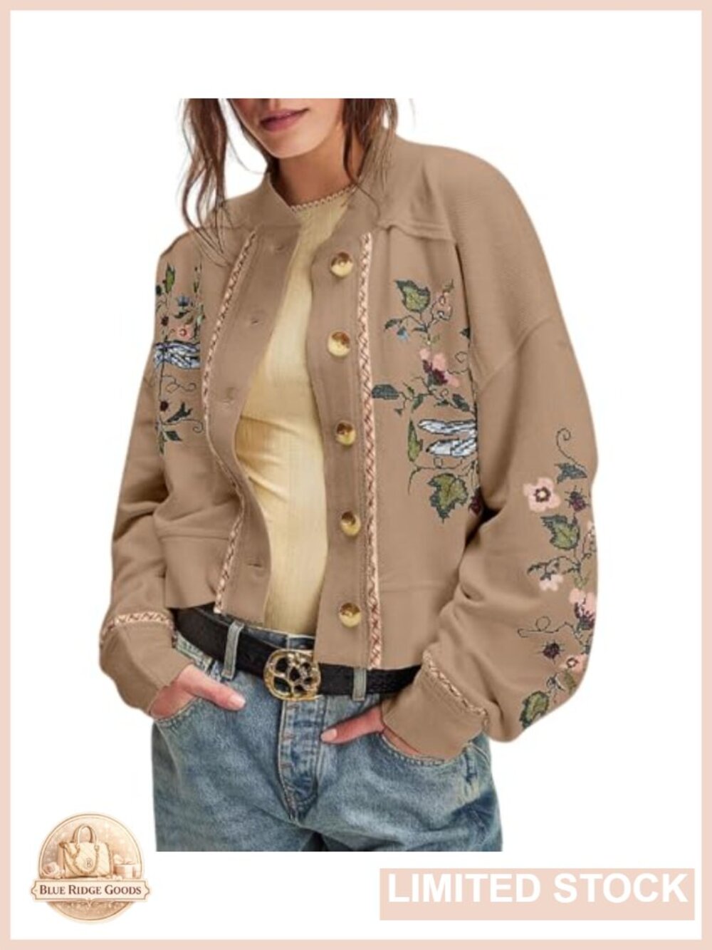 Embroidered Knit Cardigan Sweatshirt Button Up Crop Loose Fit Women